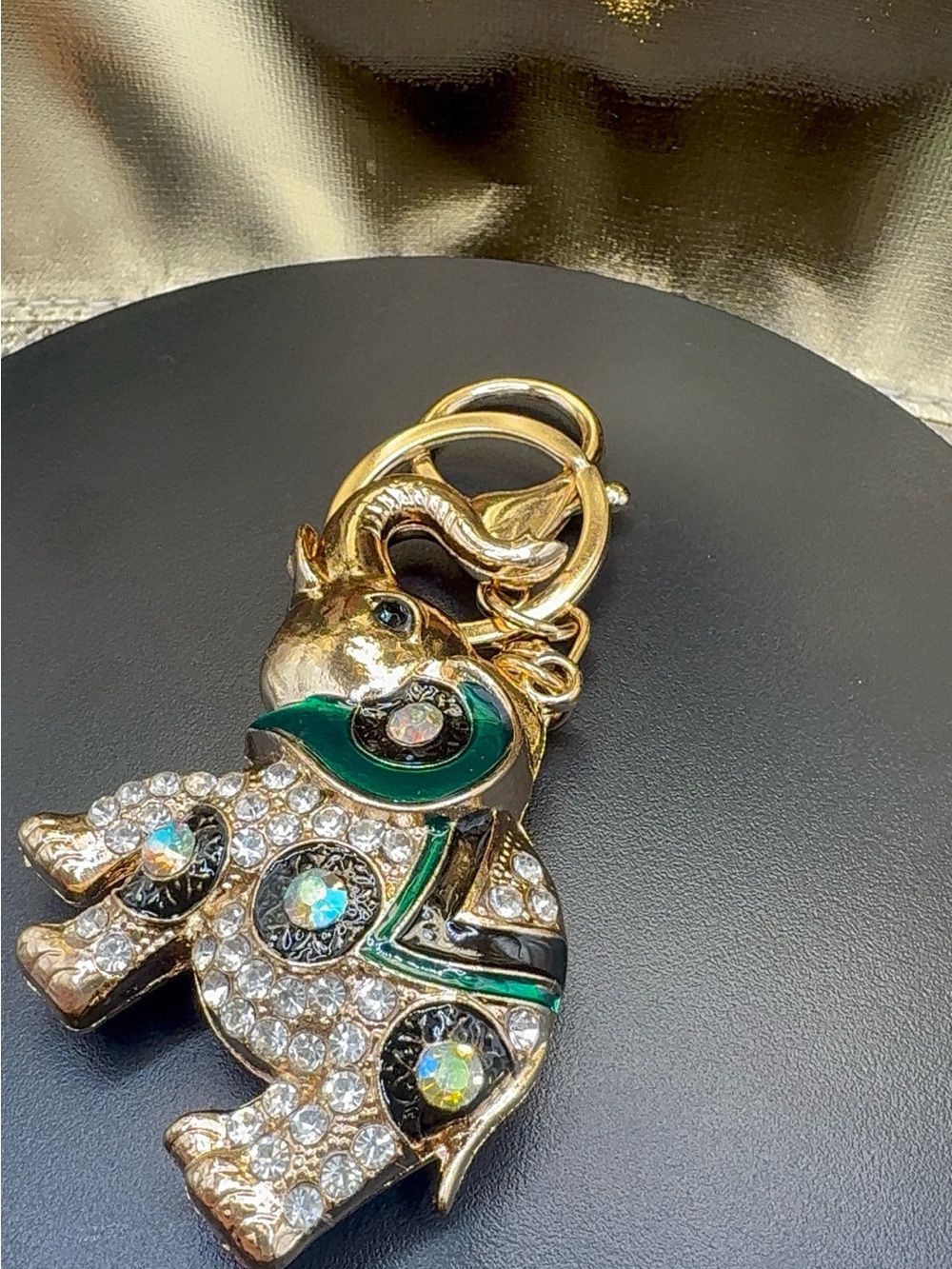 Gold-Tone Elephant Pendant Keychain with Green Enamel & Crystals
